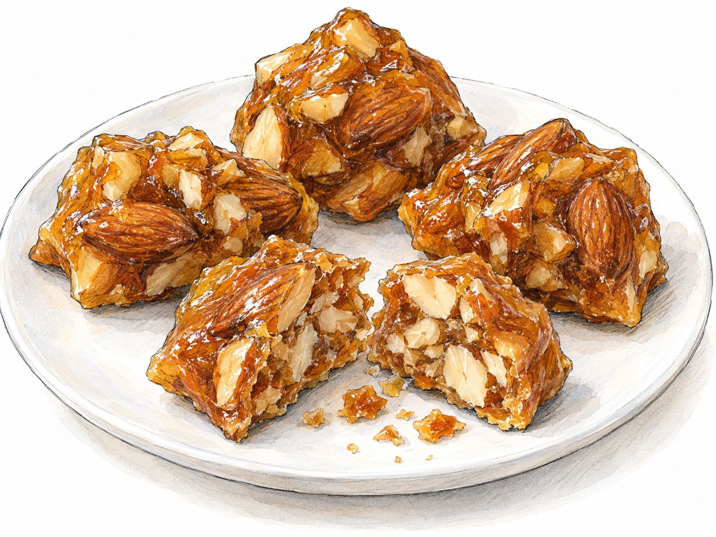 A small cluster of amber nut pralines, with one broken open to expose almonds embedded in cooked sugar.