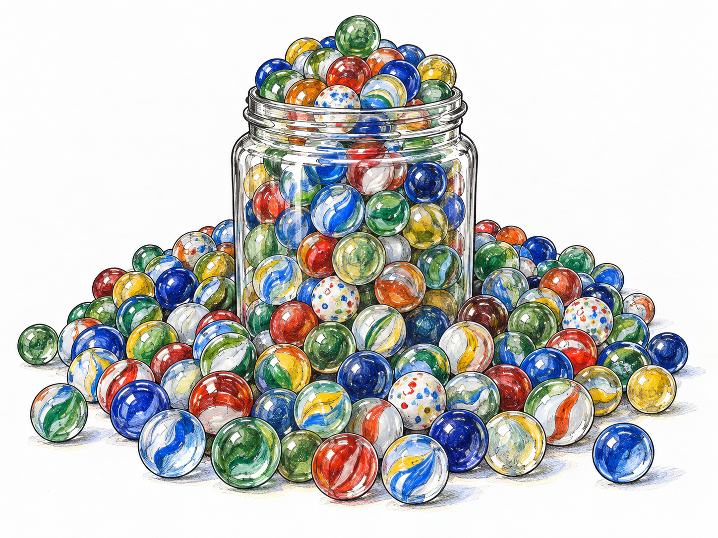 An open jar overflowing with a great many colorful glass marbles, with a broad heap spreading around its base.