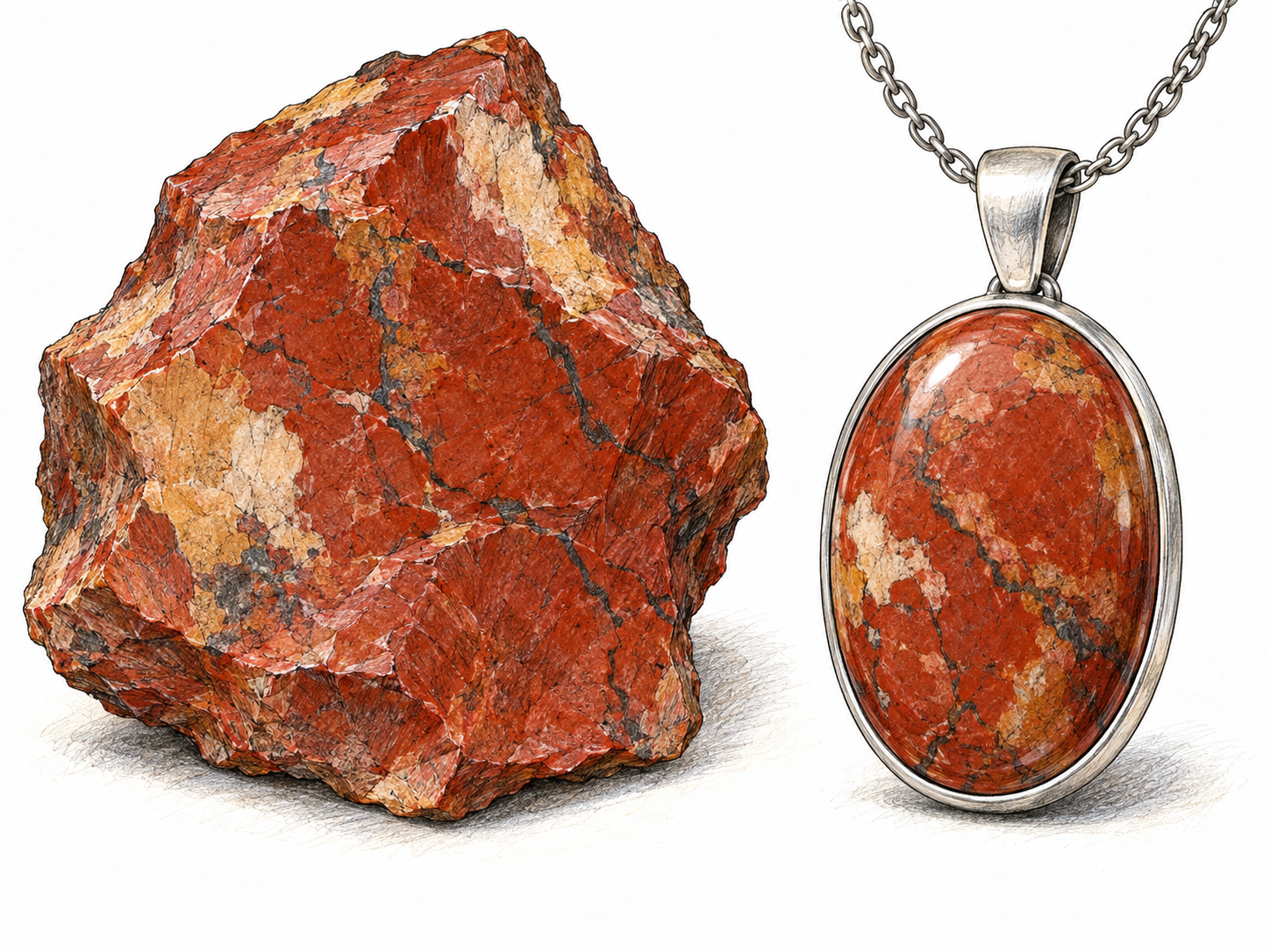 A rough red jasper specimen beside a polished jasper cabochon in a simple pendant setting, showing the stone’s opaque, naturally mottled appearance and ornamental use.