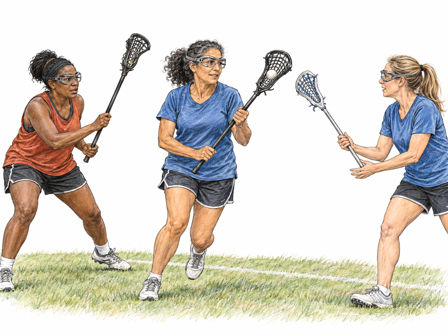 A recreational women's lacrosse play: a ball carrier cradles a white ball in her stick's mesh pocket while a teammate offers a passing target and an opponent approaches to defend.