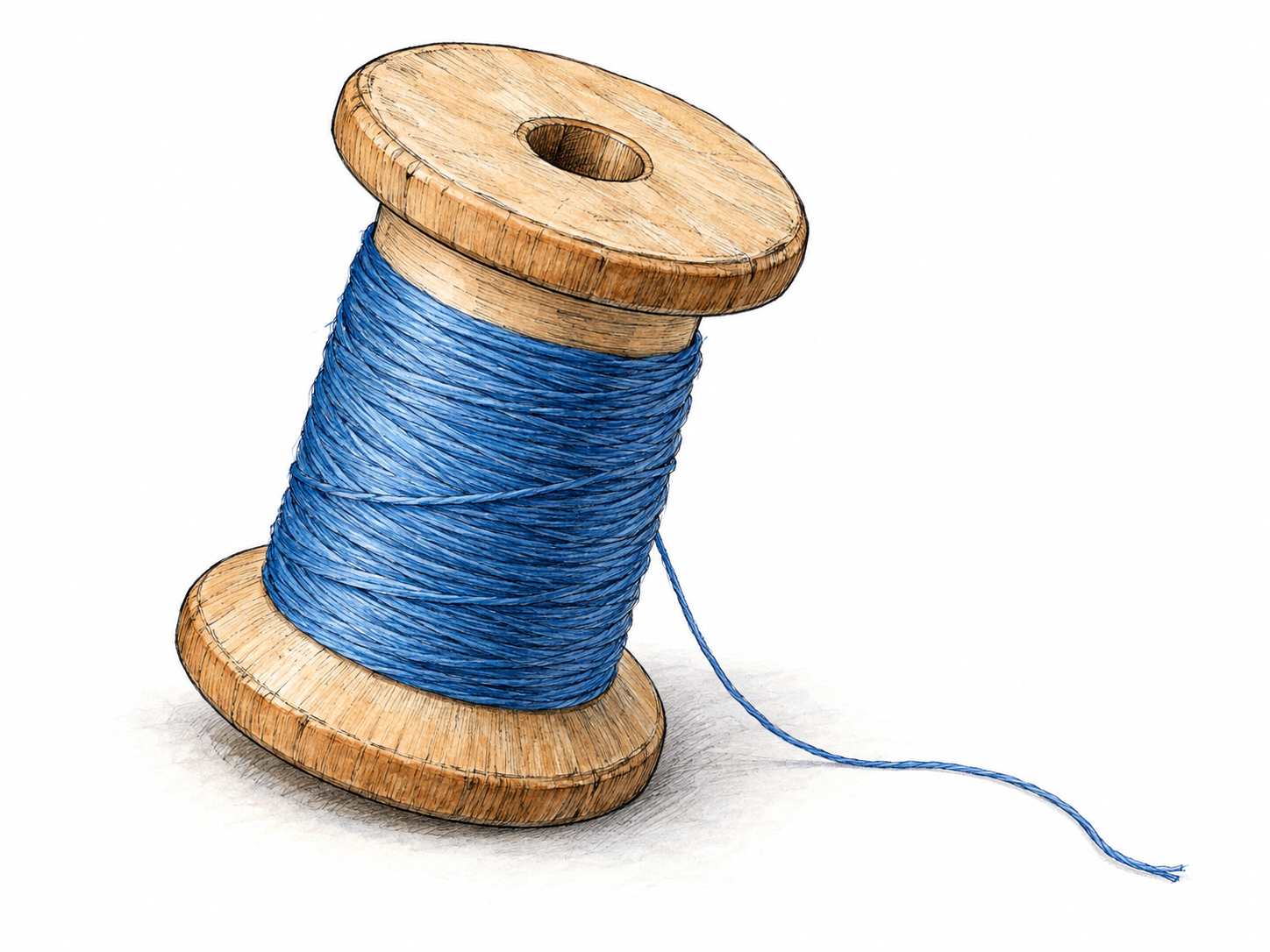 A single wooden sewing-thread spool, partly wound with blue thread, with its cylindrical core and two circular end flanges clearly visible.