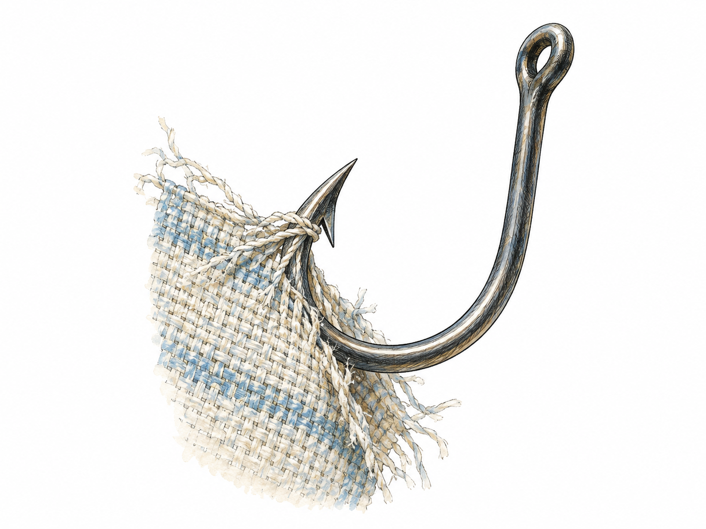 A close view of one plain steel fishhook caught in a scrap of woven cloth, with its small backward-pointing barb visibly snagging a few threads.