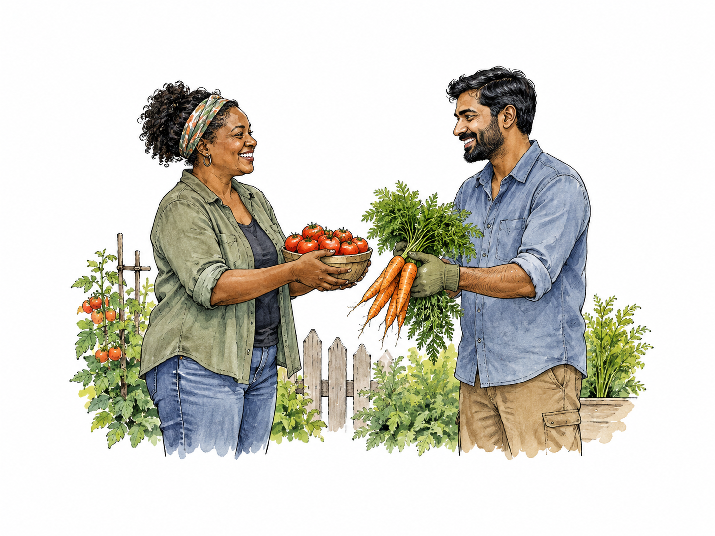 Two neighbors exchange garden harvest simultaneously, one hands tomatoes while other hands carrots.