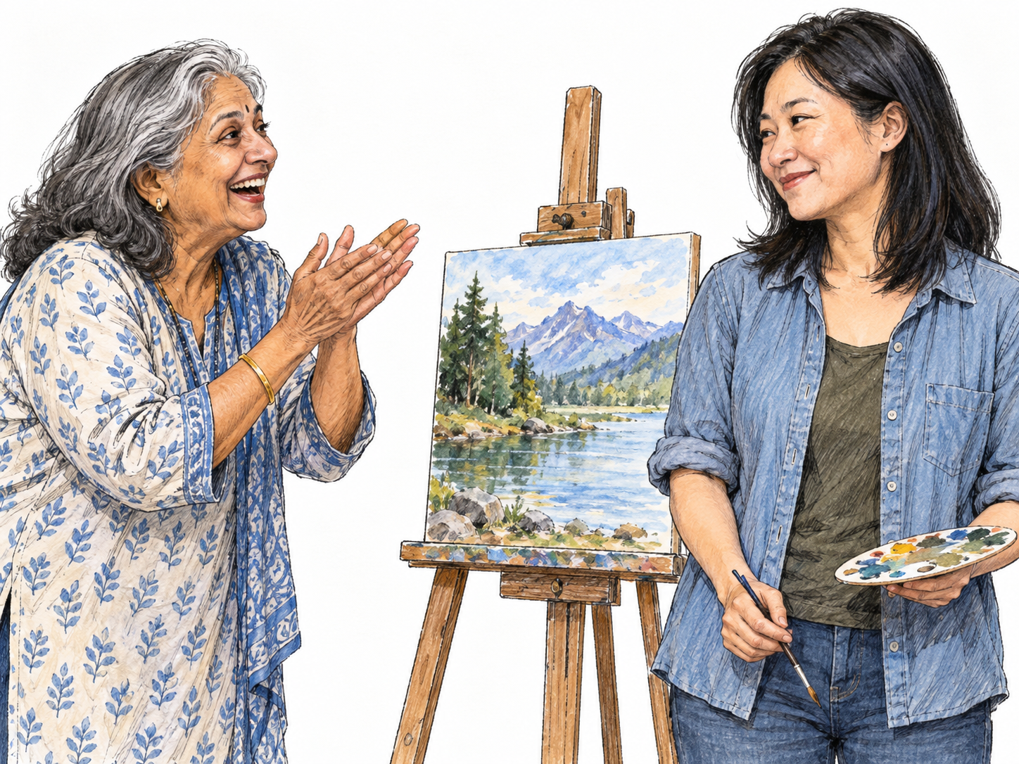 An enthusiastic admirer celebrates an artist and her painting, applauding with a broad, delighted smile while the artist stands modestly beside her work.