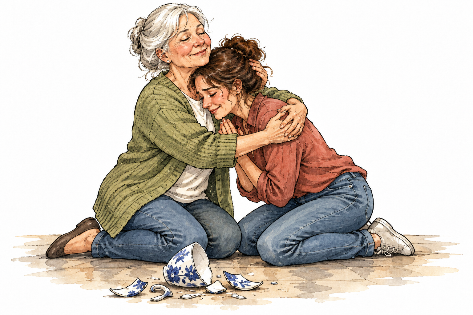 White older woman lets go of anger and warmly embraces apologetic adult friend beside accidentally broken ceramic cup.