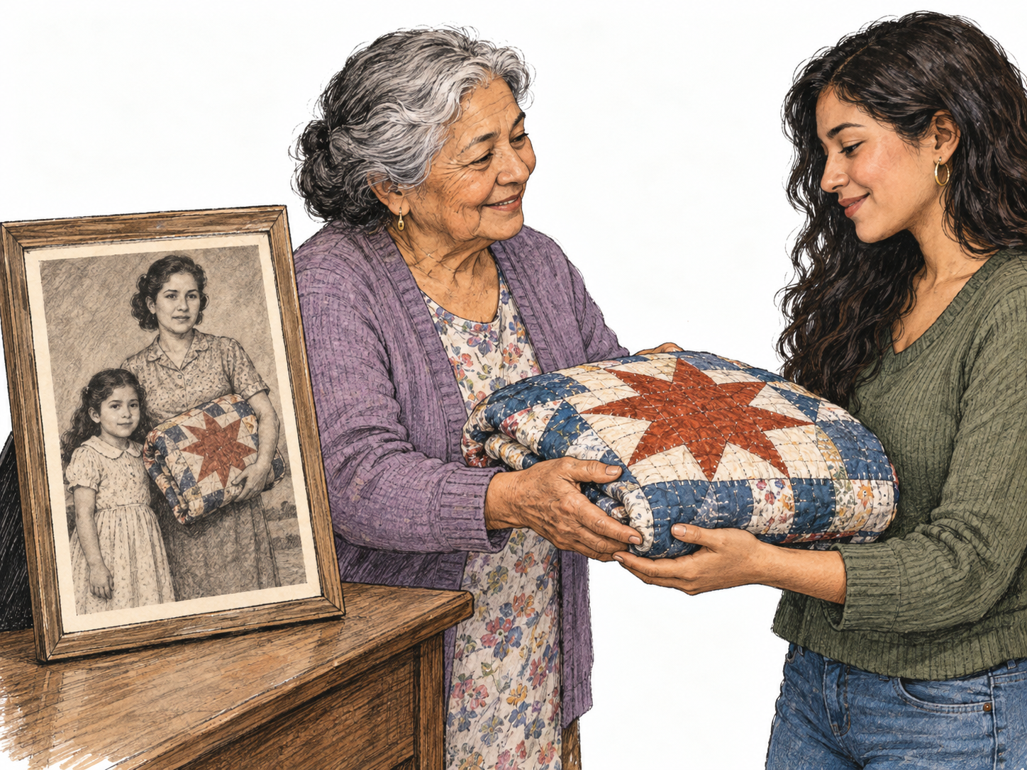 A grandmother passes a well-preserved patchwork quilt to her adult granddaughter.