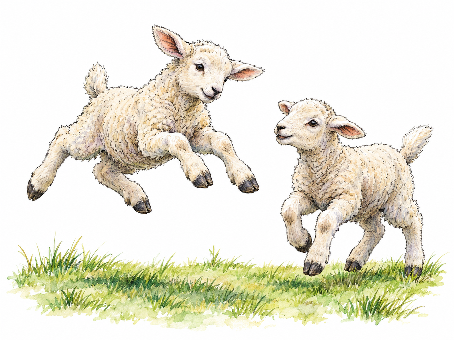 Two young lambs gambol on a small patch of grass: one makes a sideways spring with its legs kicked out while the other bounds toward it in playful pursuit.