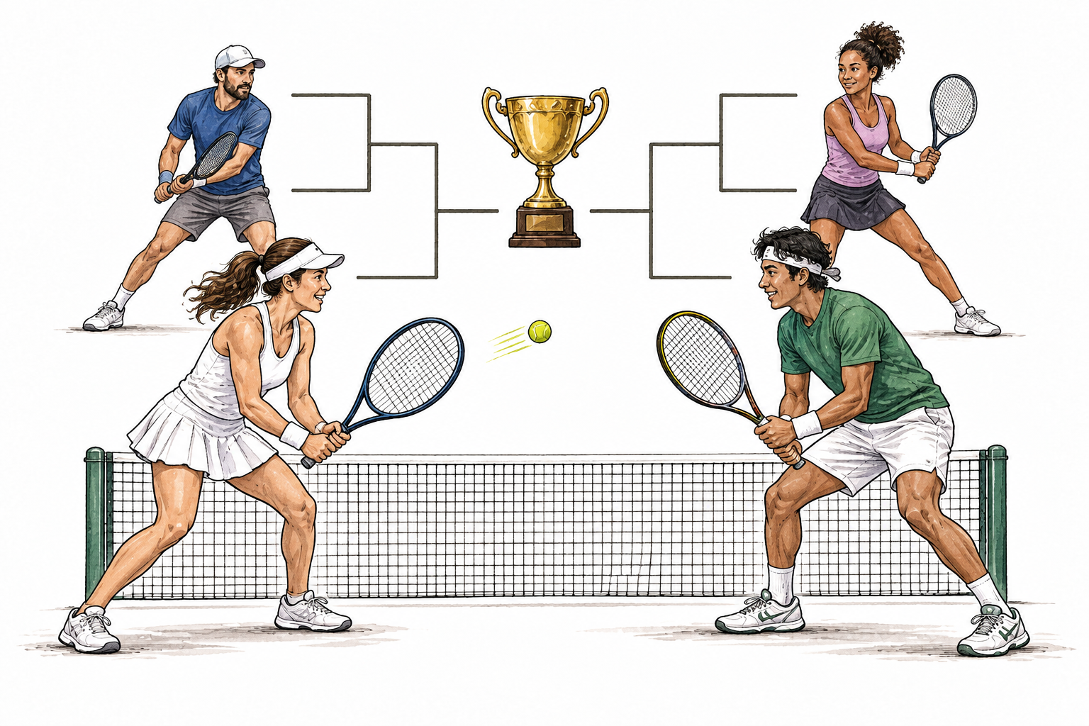A friendly tennis tourney with several players and matches progressing toward one trophy, no branding.