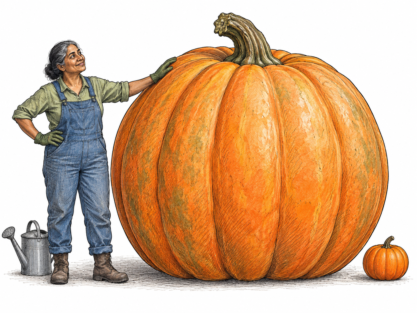 An enormous pumpkin stands beside a normal small pumpkin and an adult gardener for scale; very large size is unmistakable.
