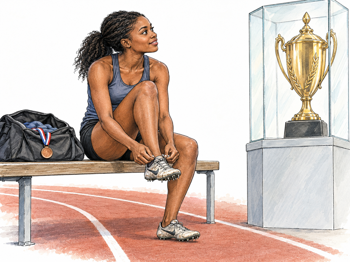 A runner interrupts lacing her spikes to gaze with eager determination at a championship trophy displayed beyond her.