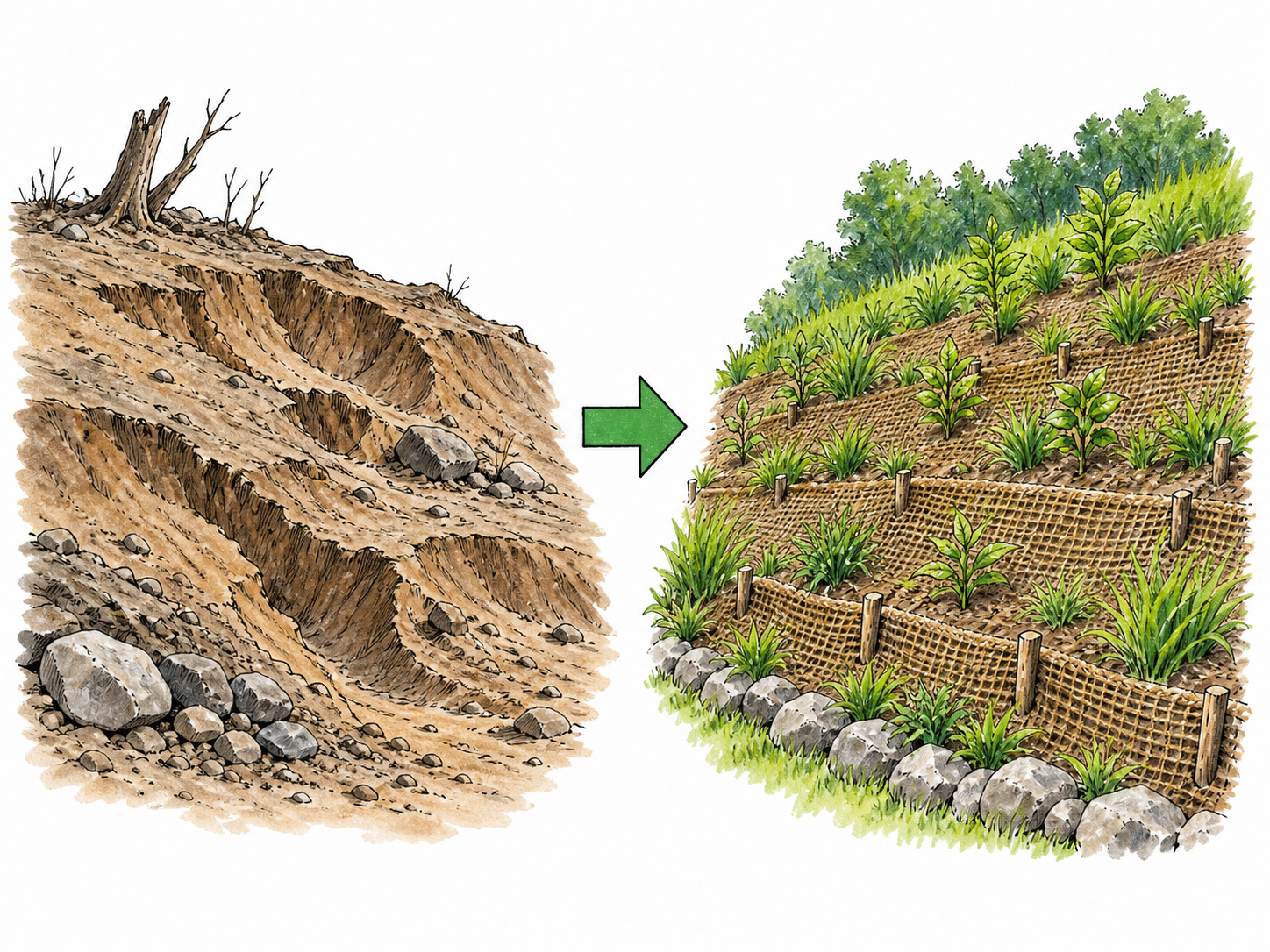 A previously damaged patch of land is restored with soil, young plants and erosion-control mesh; clear before-and-after environmental reclamation, no claim about a real site.