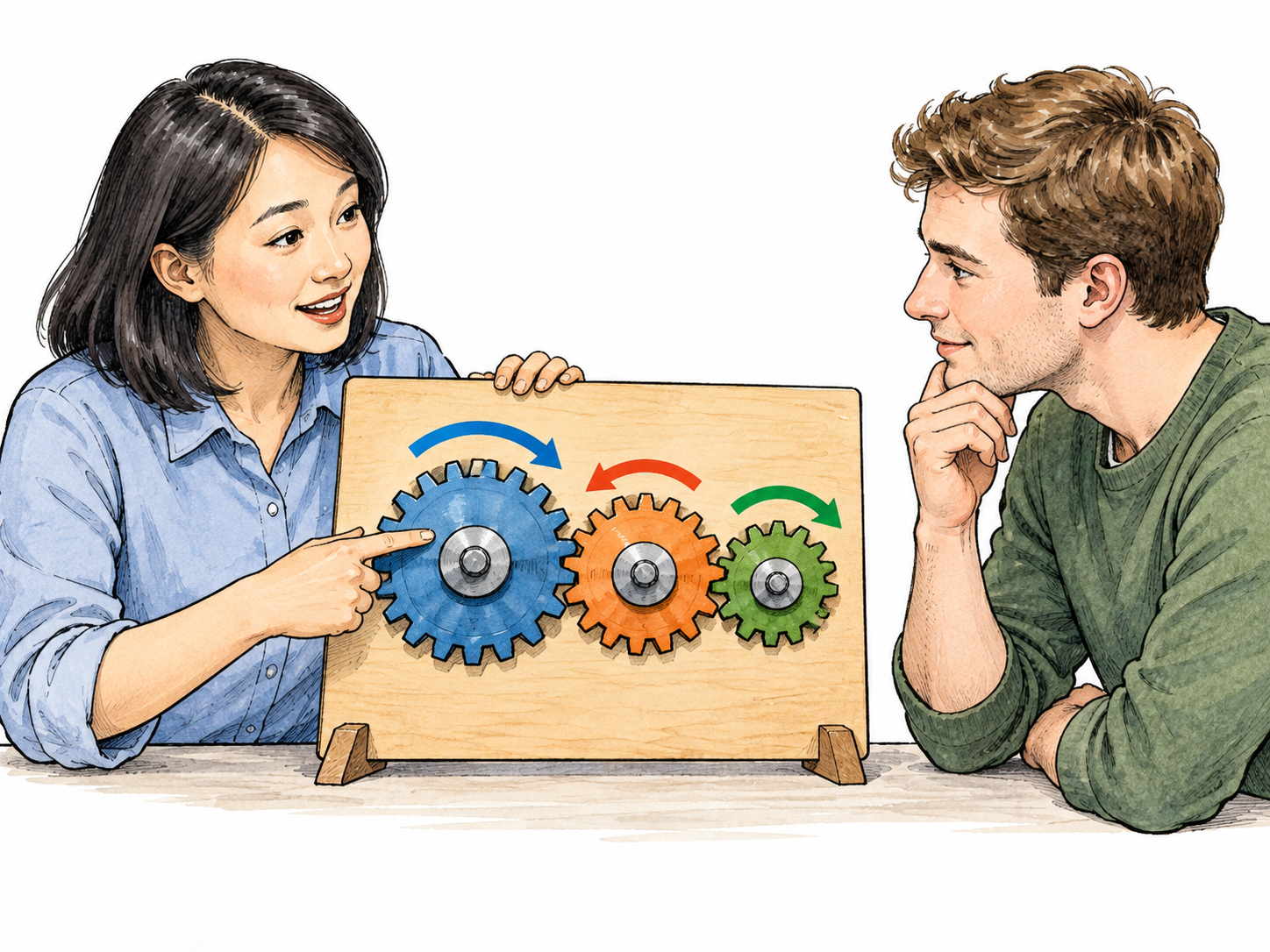 An adult clearly explains one simple mechanism using an orderly step-by-step sequence of three linked gears on a board, listener follows with comprehension.