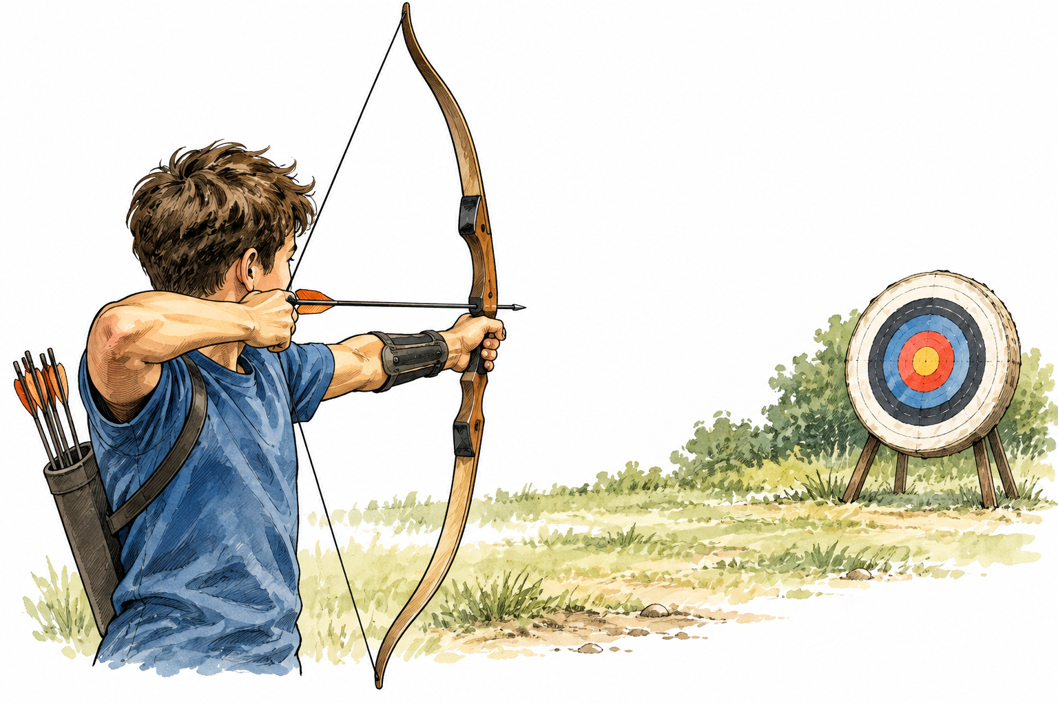 Young athlete focuses effort on archery target, bow aimed safely downrange with visible circular target, no text.