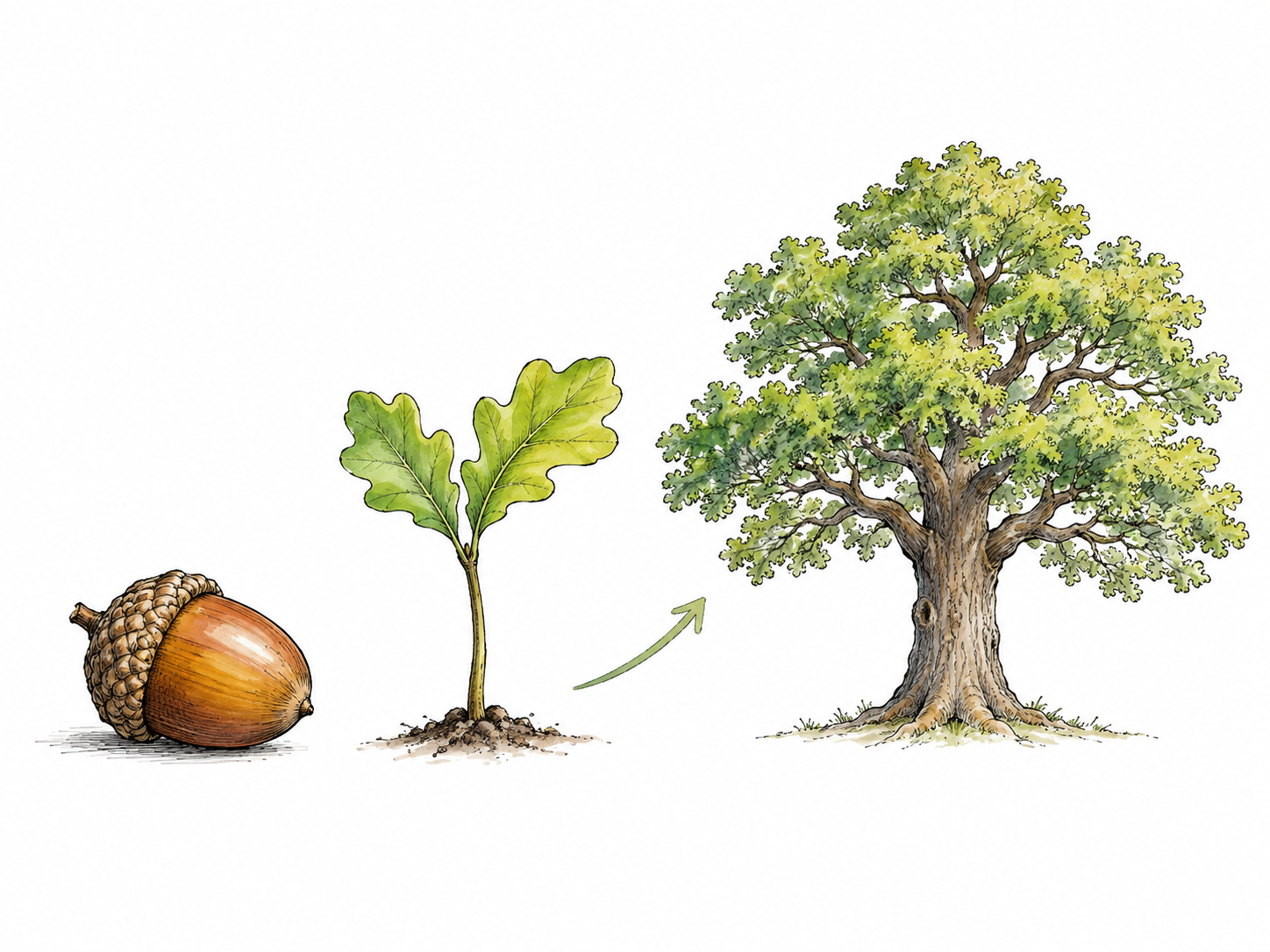 Single acorn beside tiny young oak seedling and faint outline of mature tree above it, future capacity grows from seed; restrained small progression arrow, white ground, no forest.