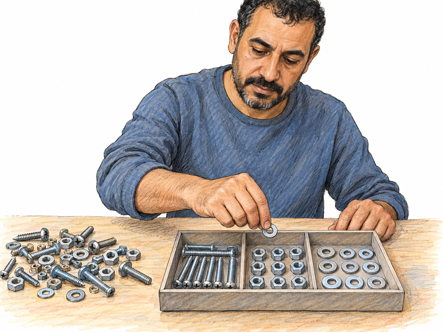 A man systematically sorts loose hardware into a compartment tray, placing each kind in its own neat row, with the unsorted pile on one side and the organized sections on the other.