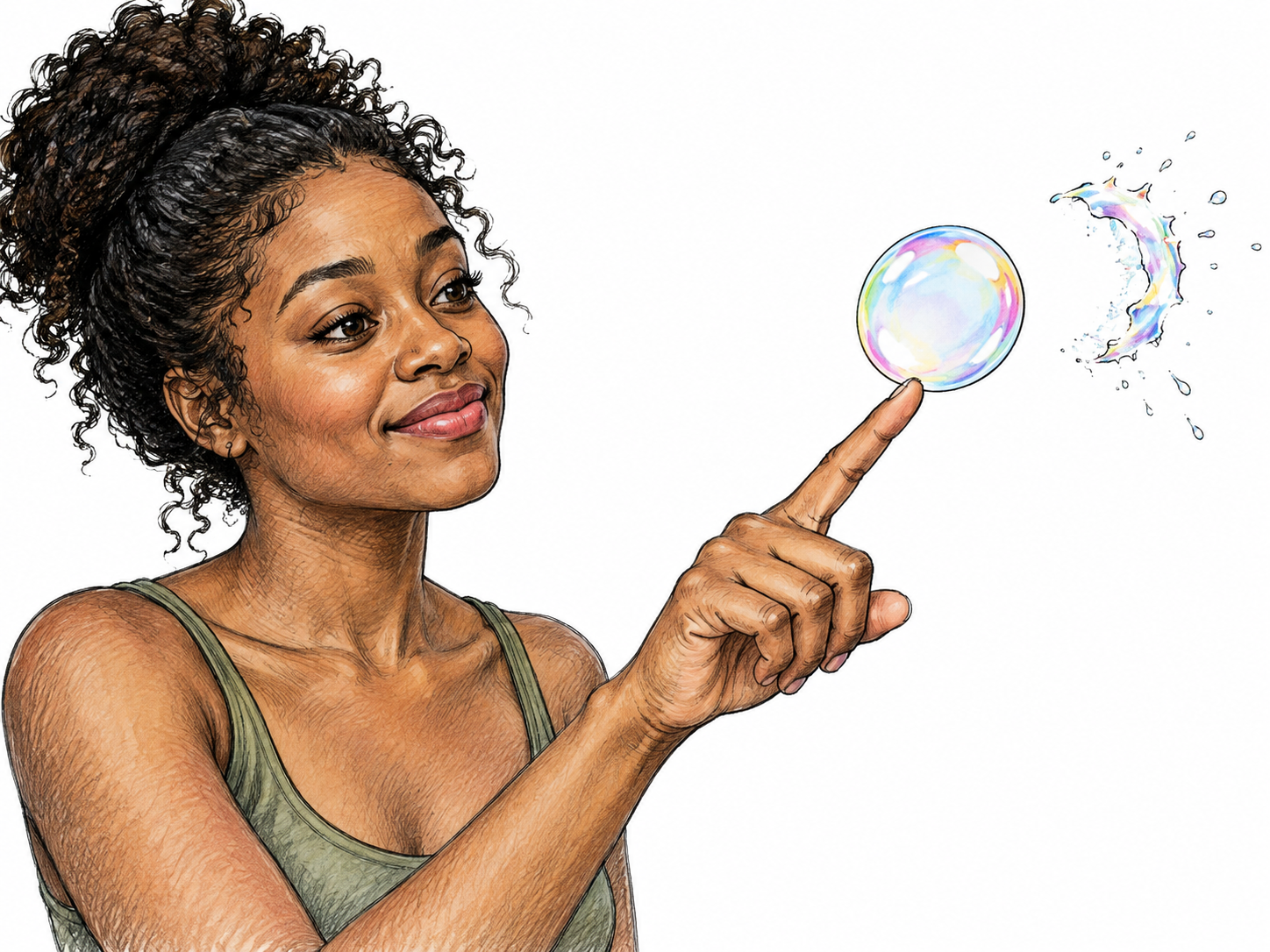 A woman catches one soap bubble on an outstretched fingertip at the instant just before it bursts; one other bubble fragment dissolves beside it, minimal scene.