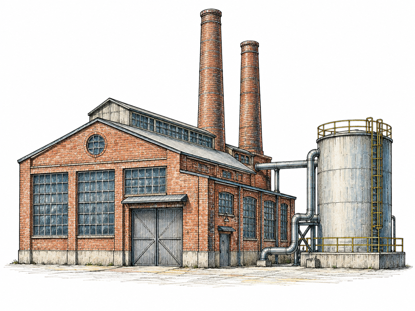 A compact isolated industrial works exterior comprises a brick factory shed, two smokestacks and a connected cylindrical tank with pipework, no smoke pollution spectacle or labels.