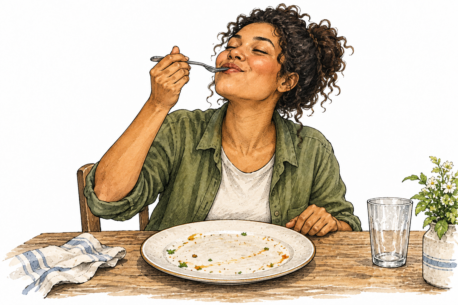 A person eats the final piece of a meal, empty plate showing consumption.