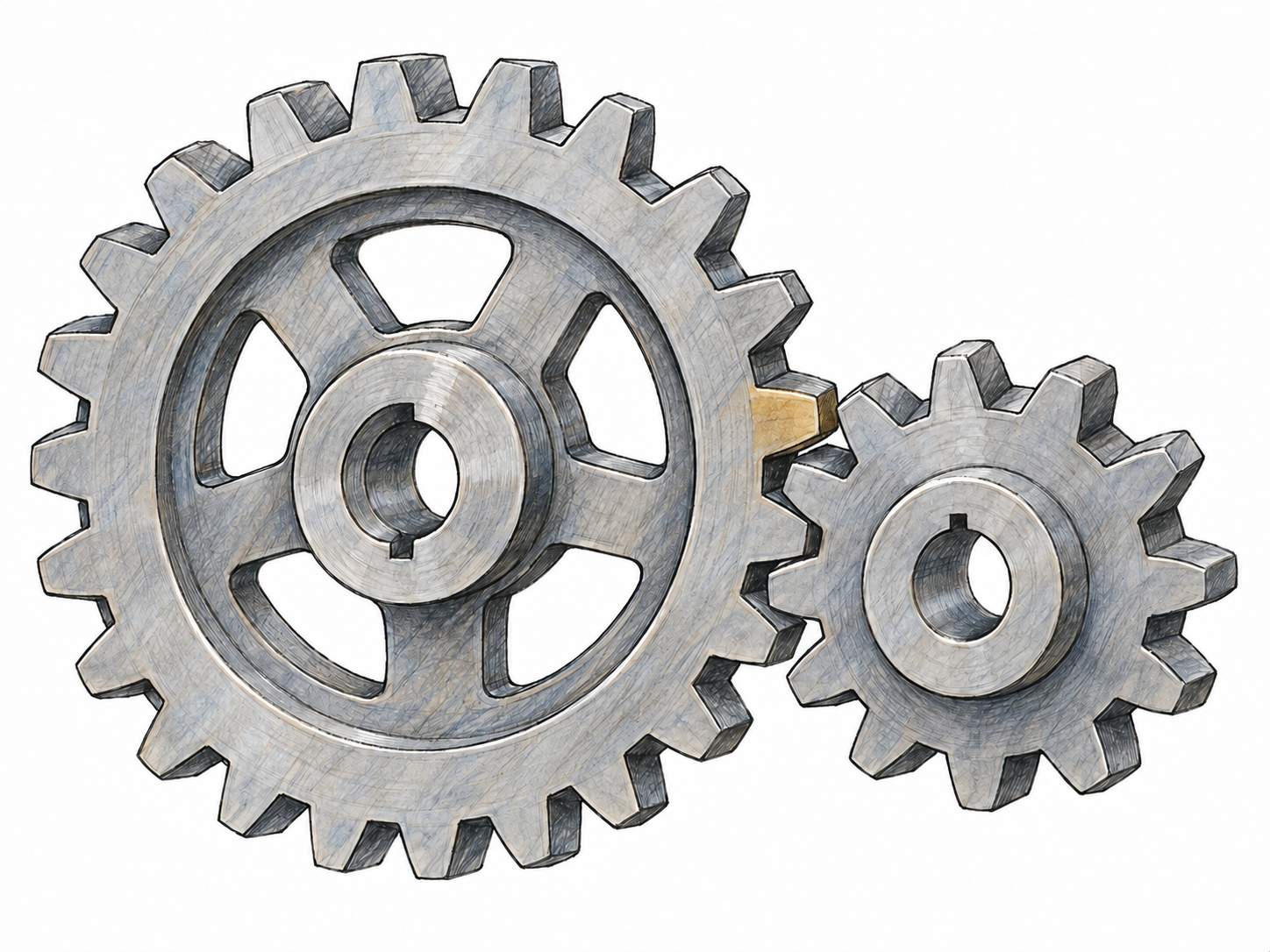 A close view of two intermeshing gears, with one individual tooth distinguished in warm brass against otherwise gray steel, making the small working part immediately identifiable.