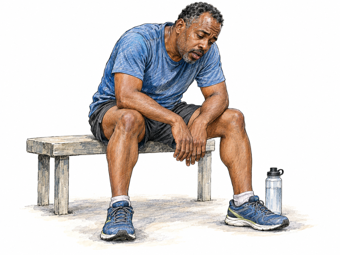 A visibly exhausted recreational runner sits heavily on a low bench, bent forward with limp arms, sagging shoulders and a drained expression after exertion.