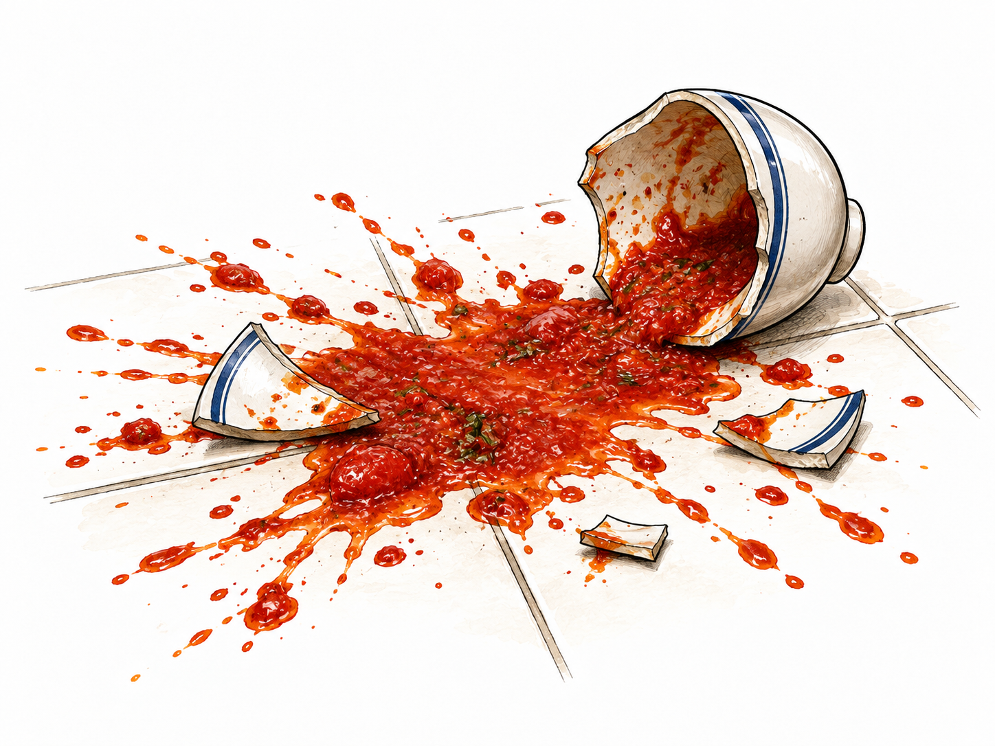 A dropped cup of tomato sauce splashes messily over a kitchen tile floor, broad scattered splashes and coherent broken cup, no people or text.