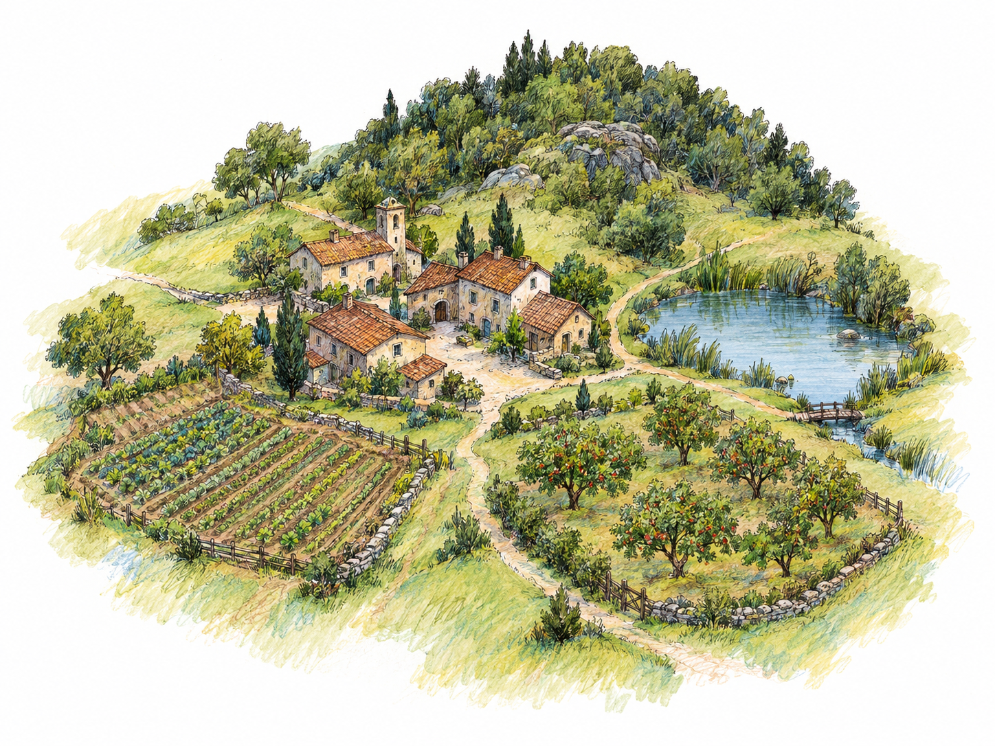 A compact elevated view of a small village and its environs: nearby fields, an orchard, a pond and a wooded rise visibly surround the clustered buildings, connected by short paths.