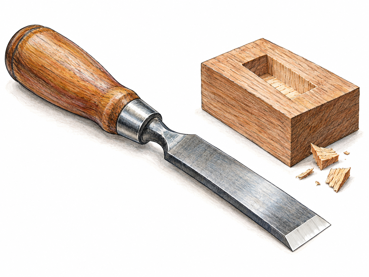 A single woodworking chisel lies diagonally beside a hardwood block with a clean, shallow recess and a few freshly cut chips.