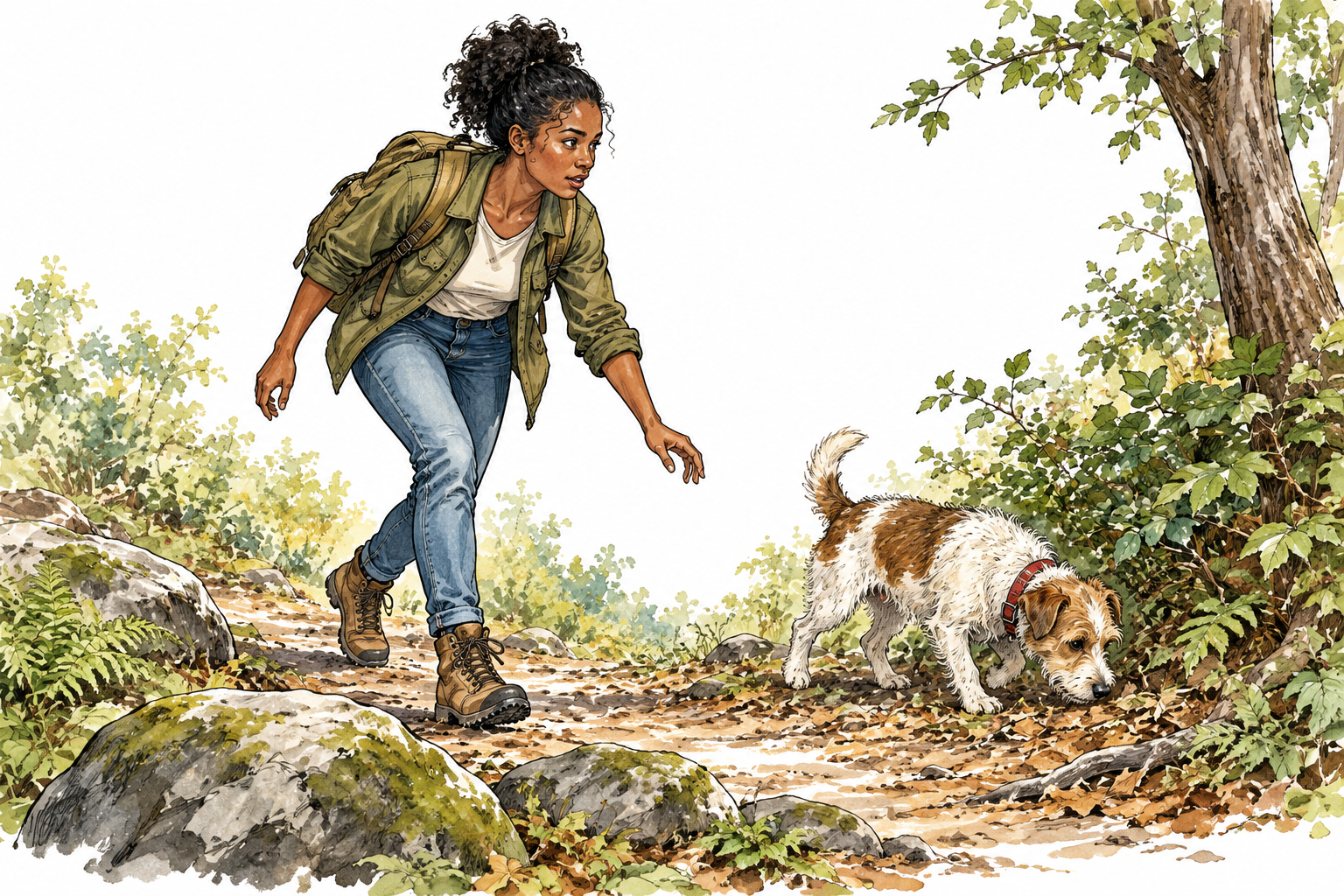 A young Black woman searches carefully along a woodland path for a lost small dog, purposeful pursuit.