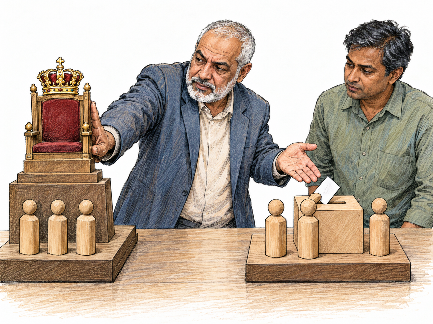 A forceful advocate proposes replacing royal rule with voting: he pushes away a large model of a crowned throne elevated above ordinary citizens and presents a replacement model centered on a ballot box accessible to those same citizens.