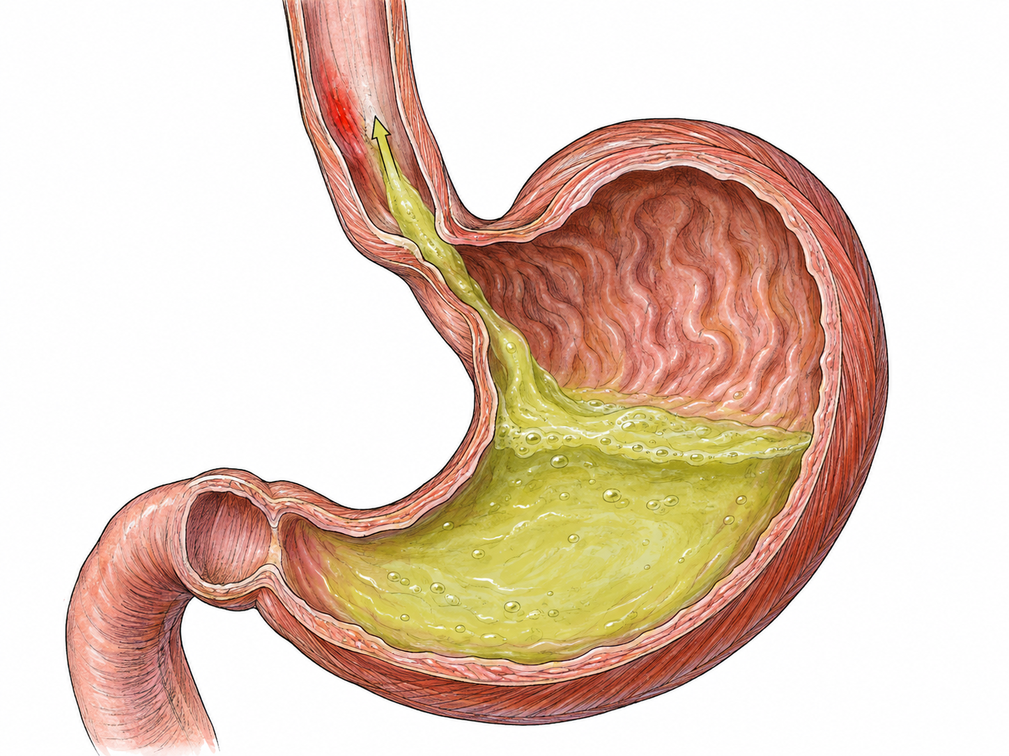 An isolated anatomical cutaway of the stomach and lower esophagus shows stomach fluid rising through the gastroesophageal junction into the esophagus, with one upward directional arrow embedded in the rising fluid.
