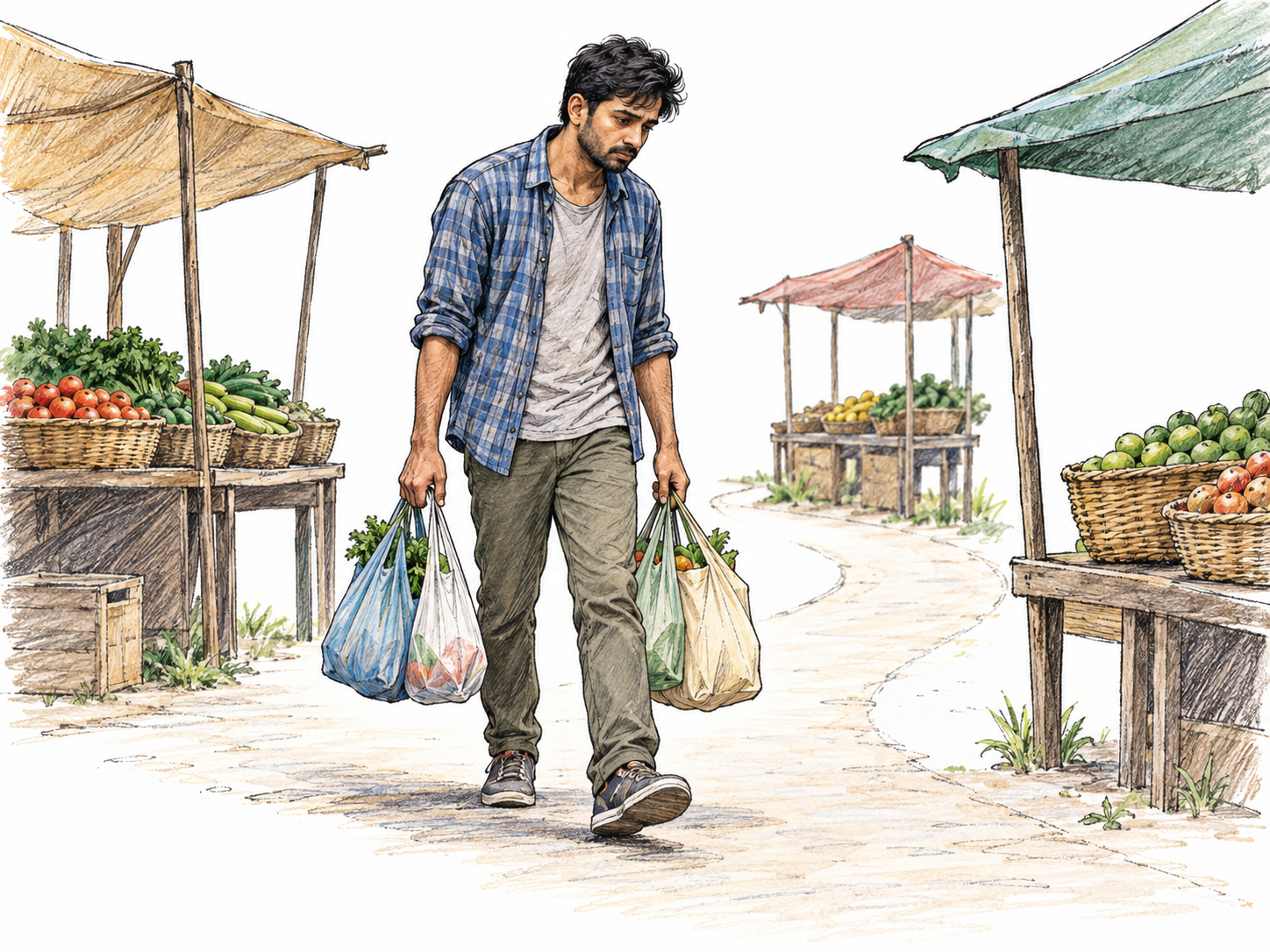 A weary young man trudges between small market stalls, carrying several loosely held shopping bags, with sagging shoulders and a low, dragging step.