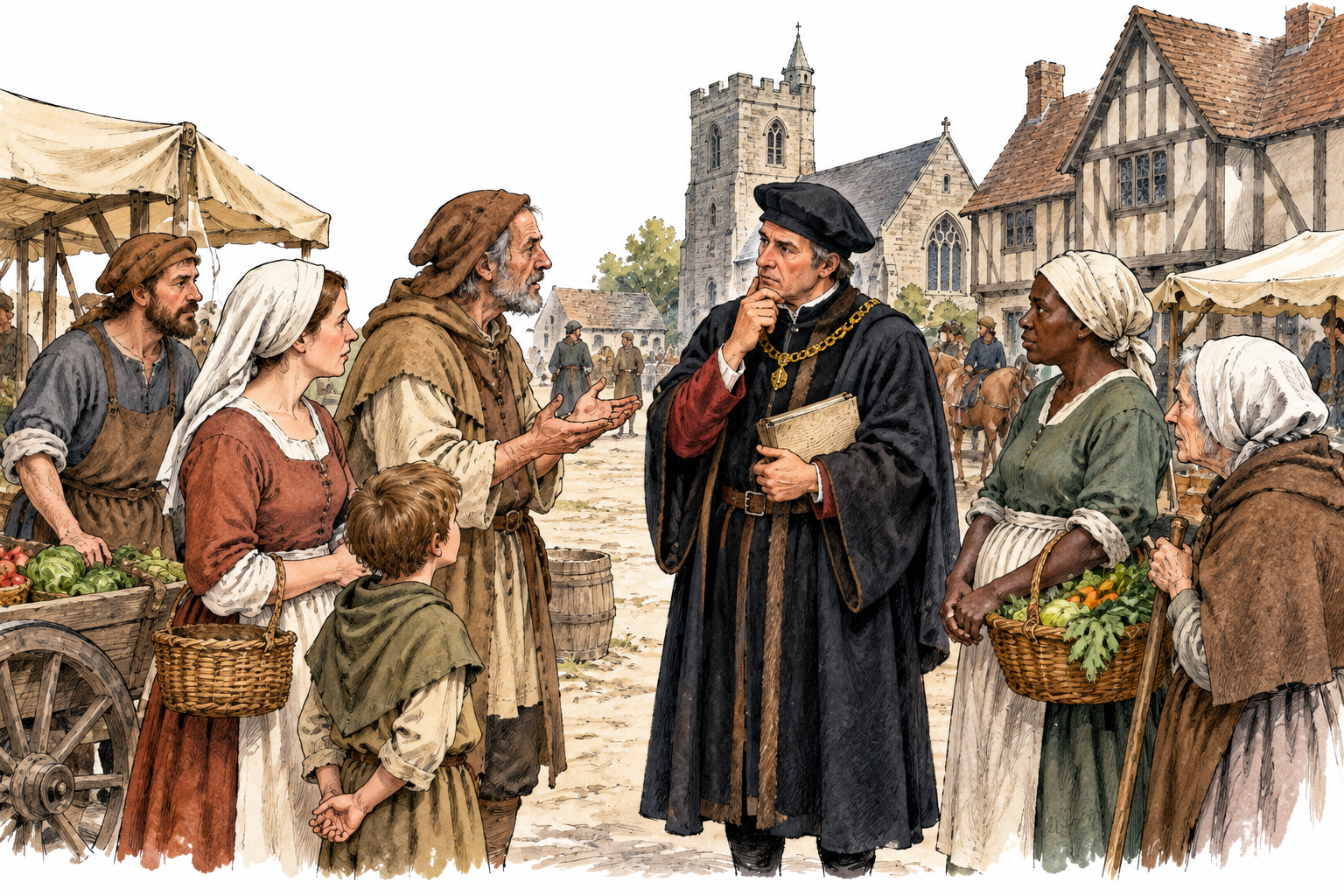 A local medieval English official listening to villagers in a small market square, historically grounded clothing and buildings, no written signage.