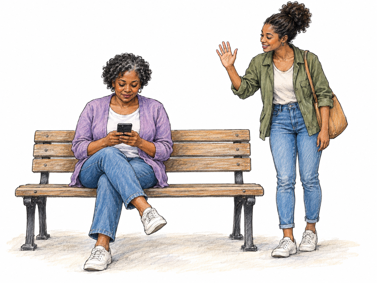 A woman absorbed in her phone remains unaware of another woman beside her waving to get her attention.