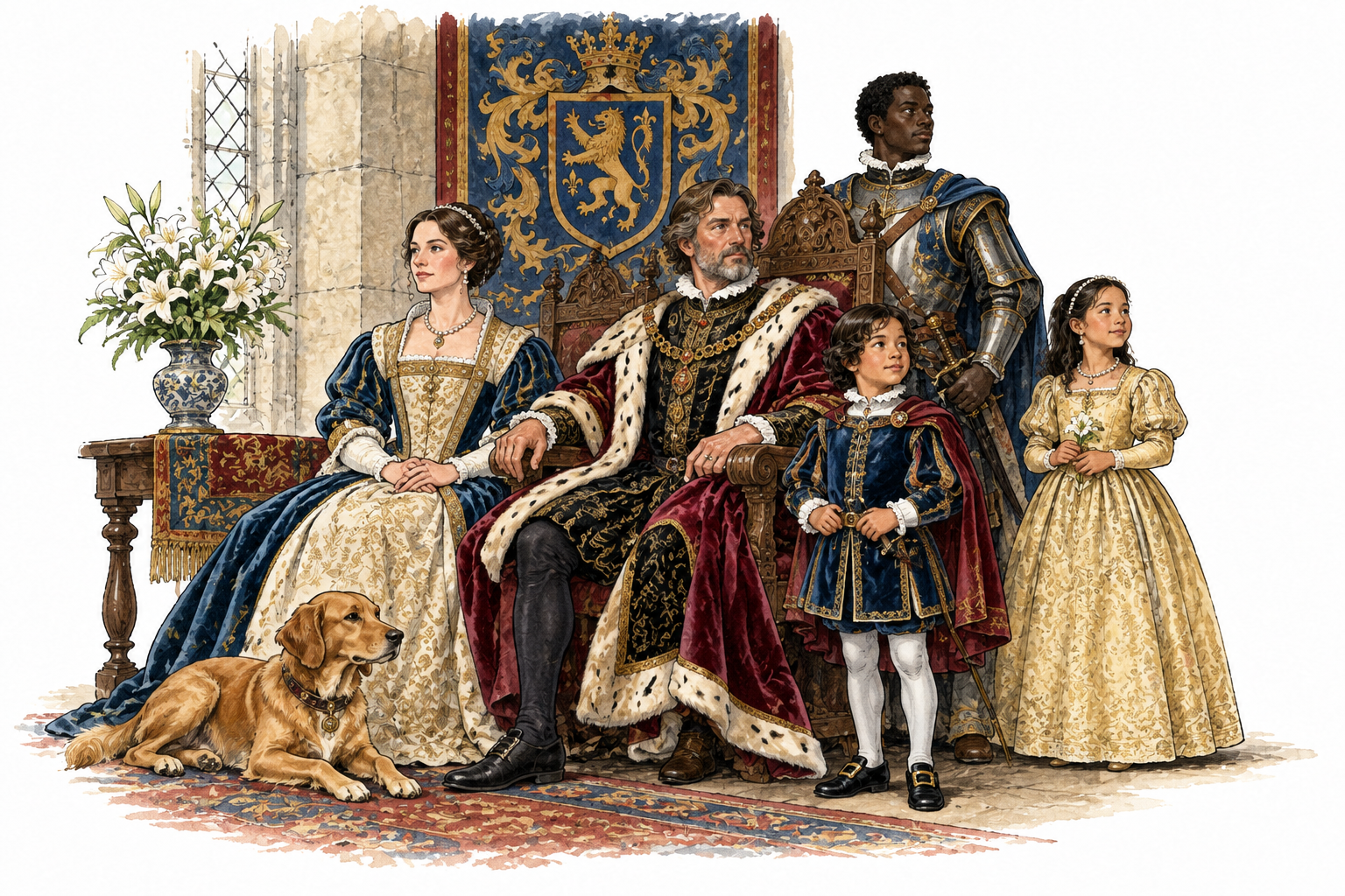 Historical noble family in fine dress seated in manor hall with heraldic crest.