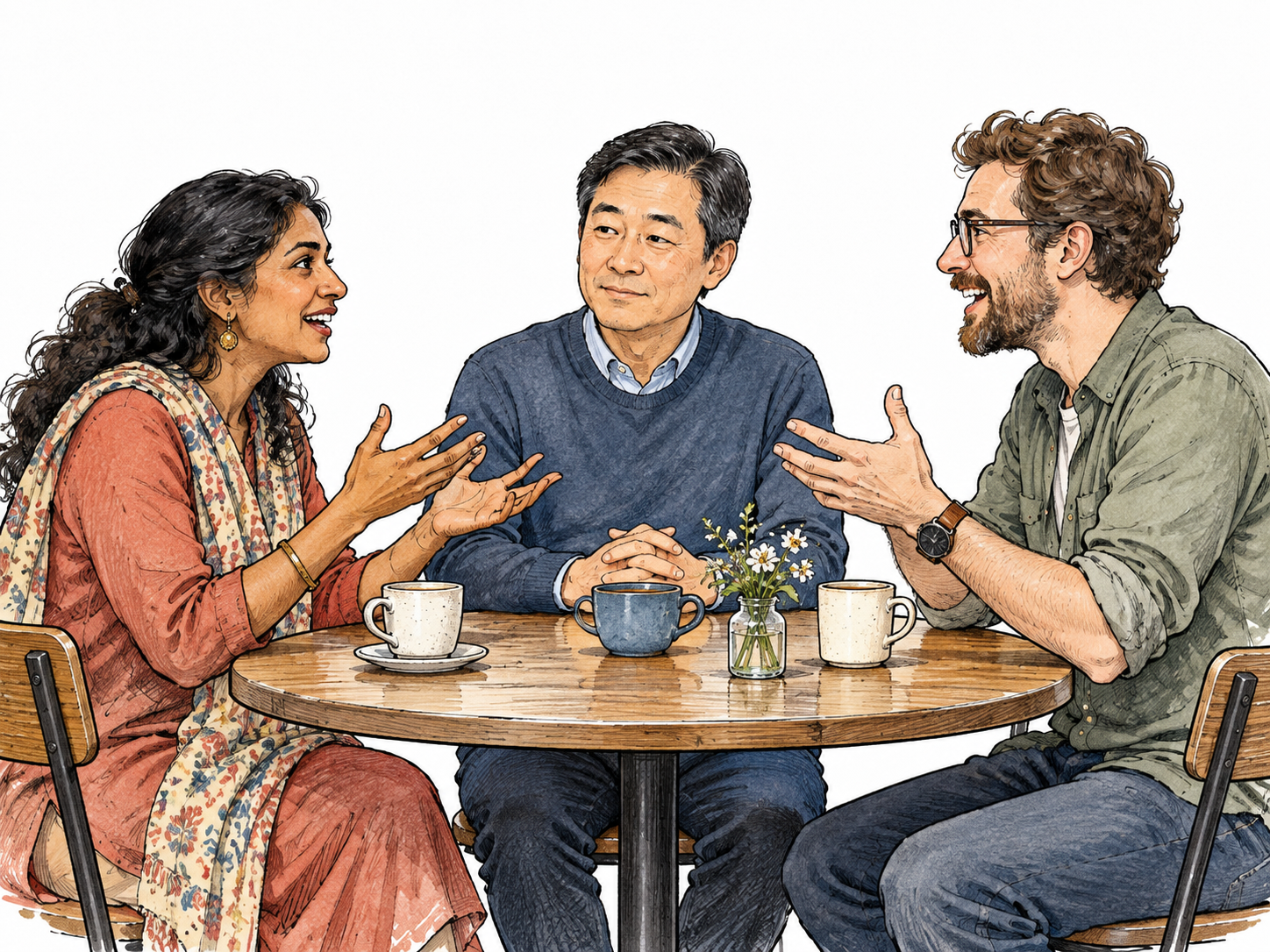 At a relaxed cafe gathering, one reserved adult sits listening with closed mouth and folded hands while two companions chat animatedly.