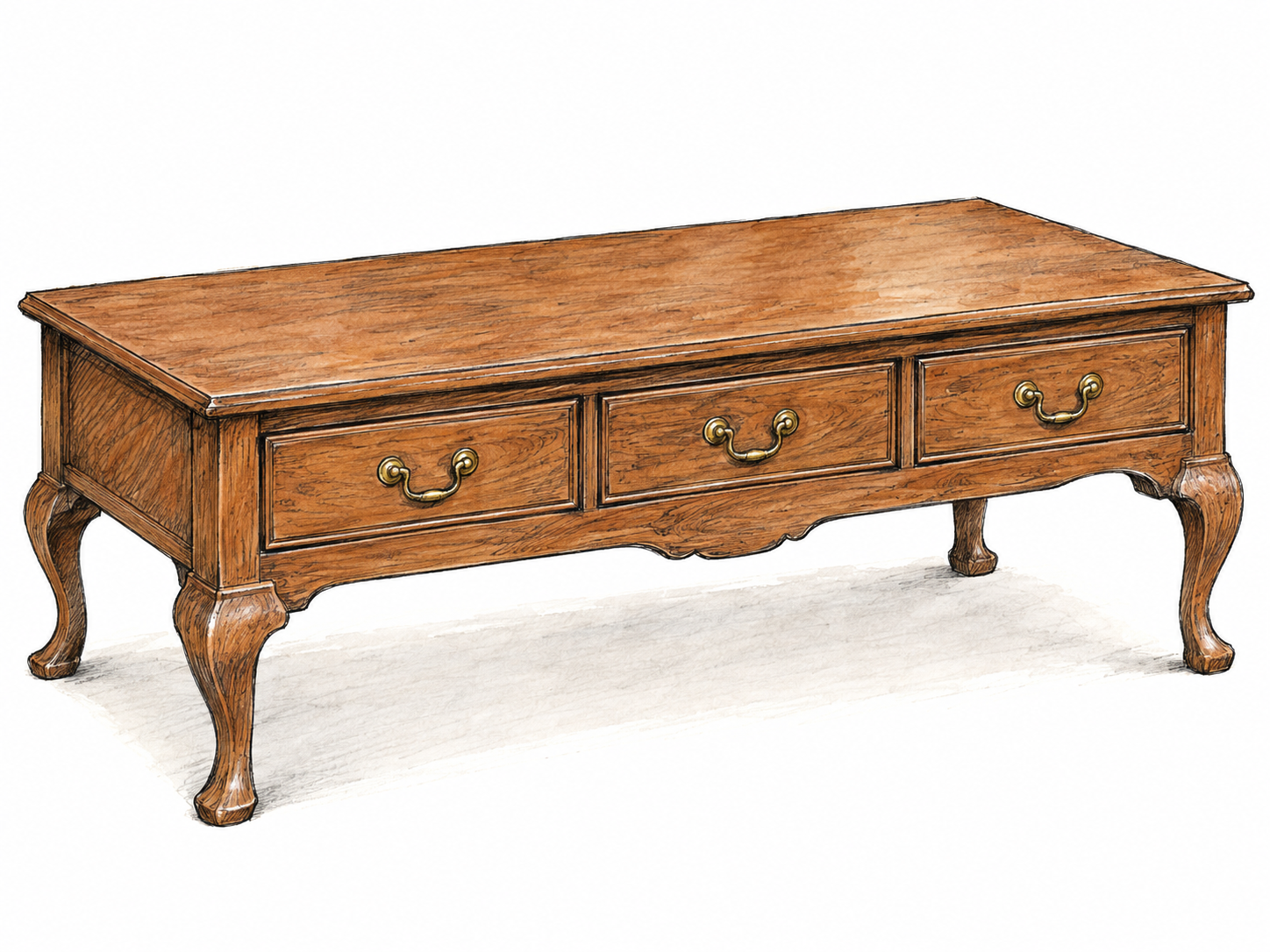 An isolated low wooden dressing chest with a broad flat top, one shallow tier of drawers, and four short curved legs, shown in three-quarter view so its low proportions and drawer construction are immediately clear.