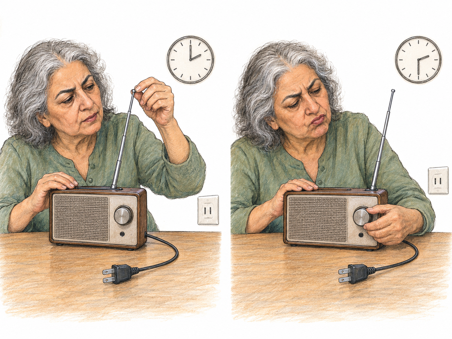 Futz: spend time making ineffectual adjustments to a radio while leaving its plainly disconnected power cord untouched.