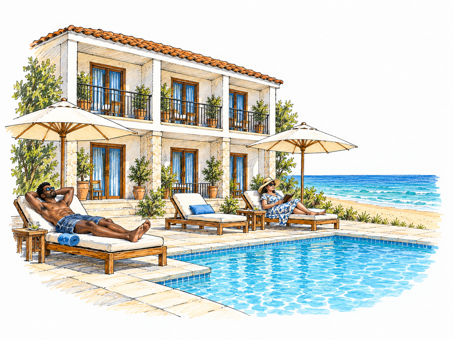 A compact seaside vacation resort: guest-room balconies overlook a swimming pool with matching loungers and parasols, with a sandy beach and sea immediately beyond.