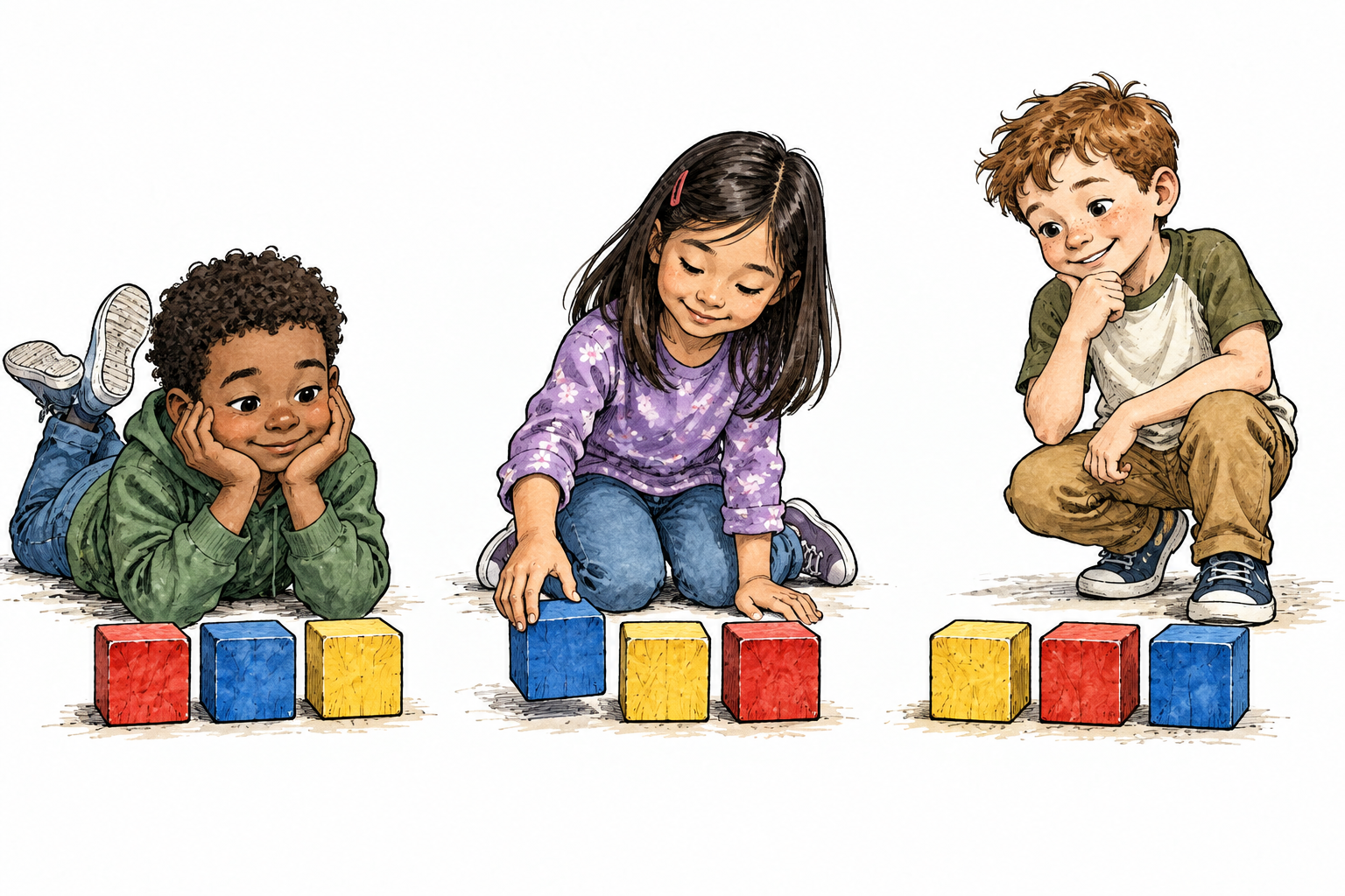 Three colored wooden blocks appear in three different orders, same red blue yellow blocks in every arrangement.