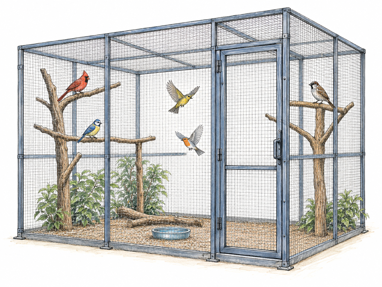A spacious walk-in mesh aviary containing several birds, with a clearly enclosed roof, a full-height access door, and branching perches that leave ample room for flight.