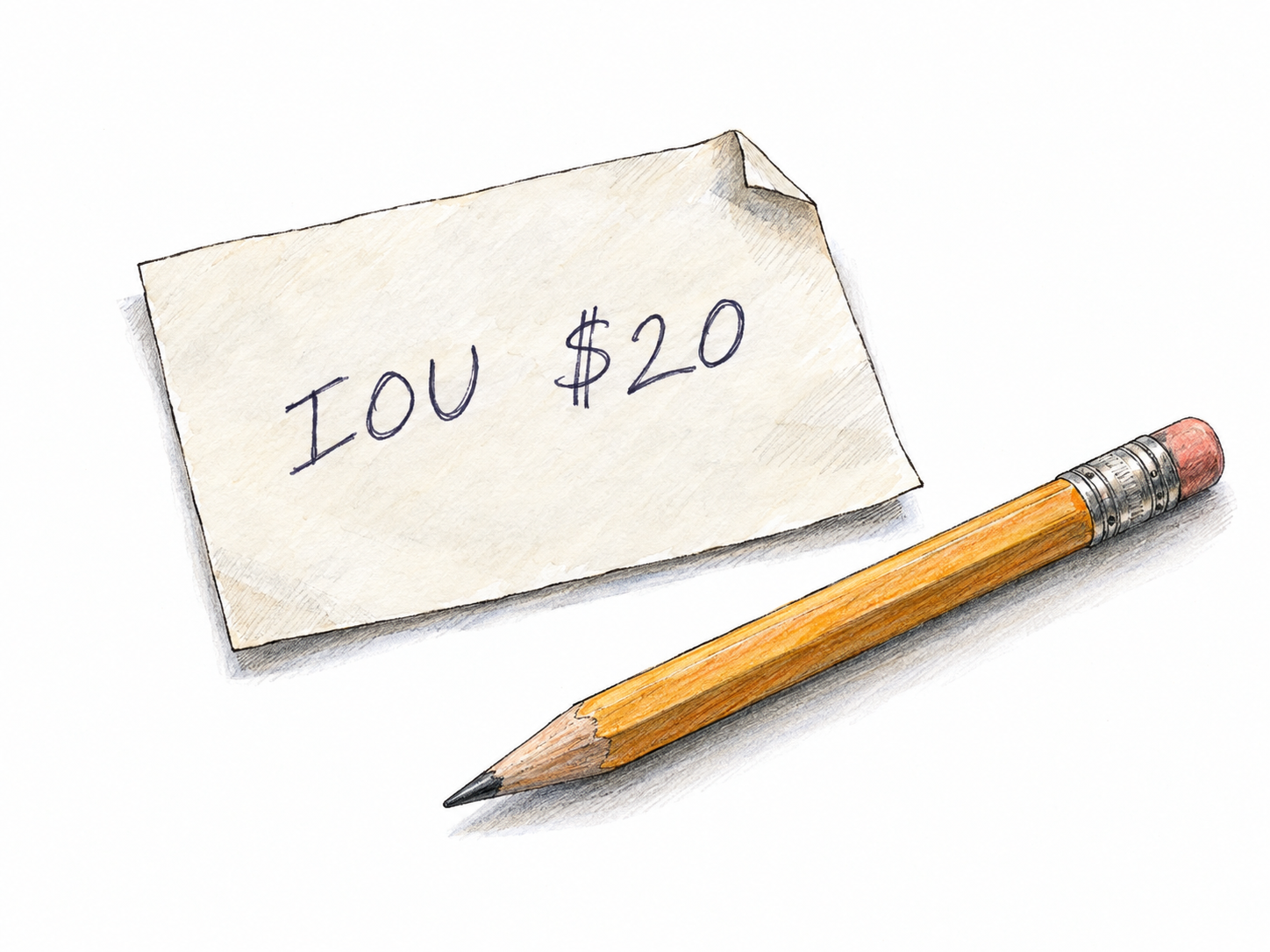 A small, plain debt chit bearing only “IOU $20,” with a pencil beside it for scale.