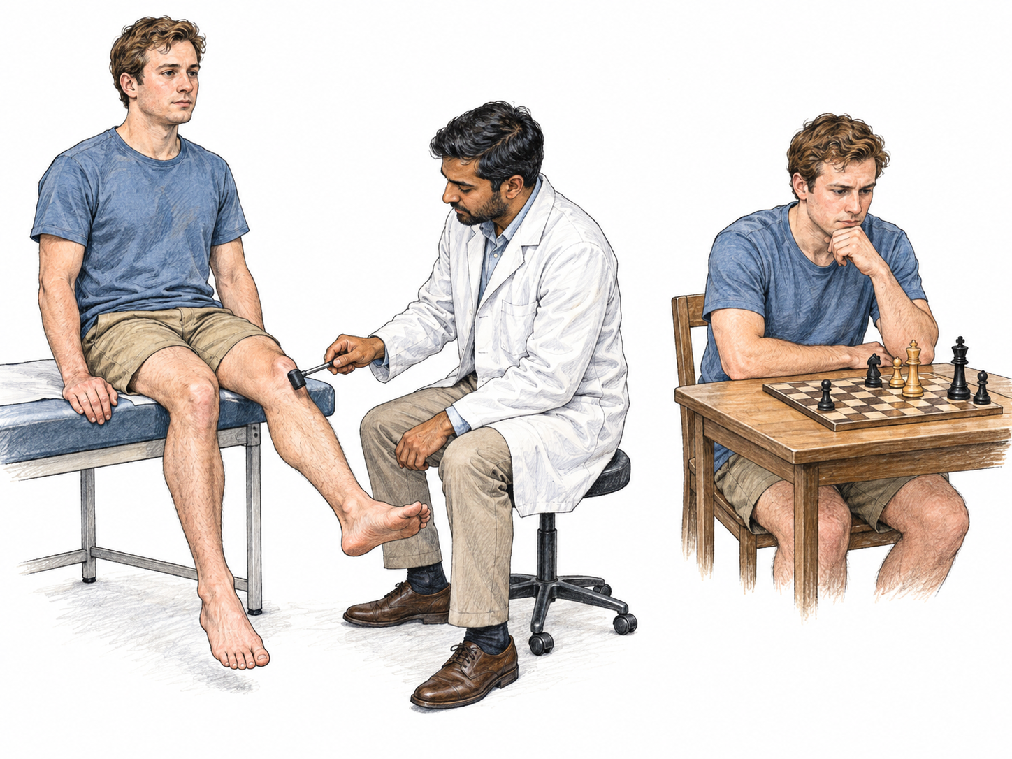 A compact comparison contrasts assessment of bodily function with mental problem-solving: a dominant vignette shows a knee-reflex examination, while a smaller separate vignette shows the same man concentrating on a chess position.