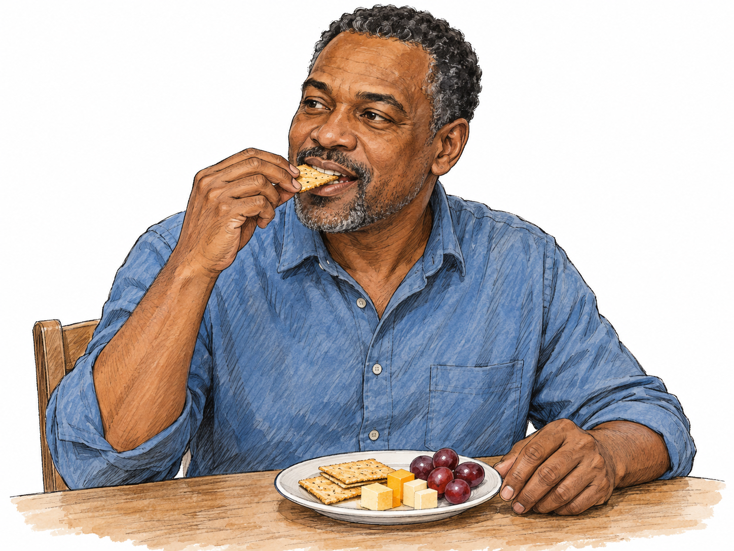 A middle-aged man casually eating a cracker from a small snack plate containing a few crackers, cheese cubes, and grapes.