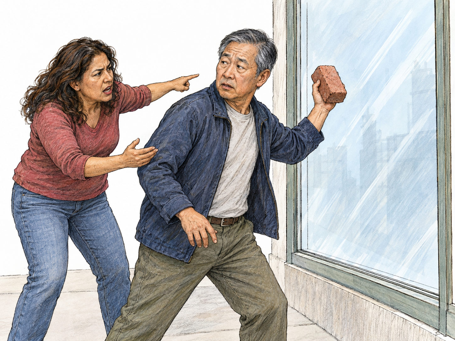 A woman visibly eggs a hesitant man on to throw a brick through an intact shop window, leaning toward him and emphatically pointing at the glass while he draws back his brick-holding arm and looks to her.