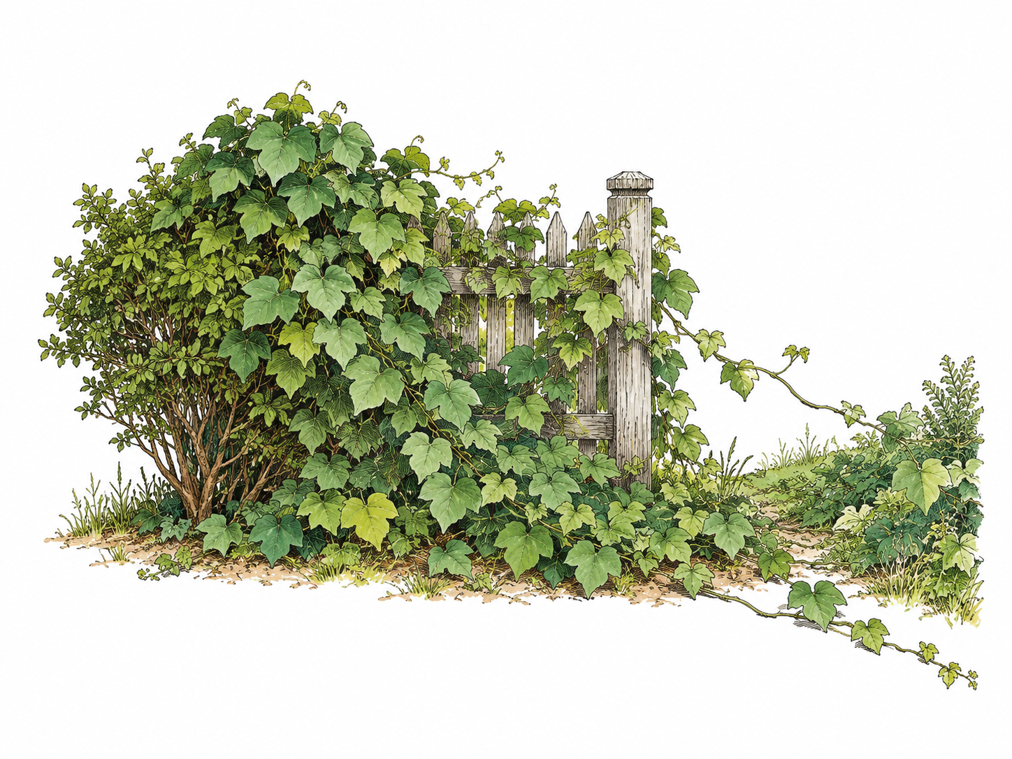 Aggressive kudzu-like vine smothers a small shrub and fence, spreading runners cross boundary into neighboring patch; no unrelated invasive species claim.