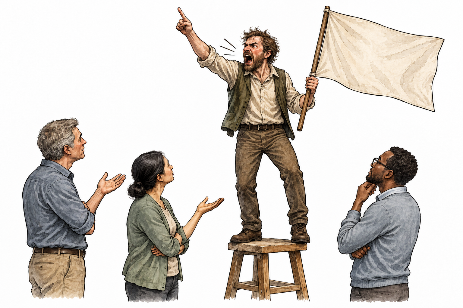 A lone adult loudly preaches an idea from a stool and refuses to hear others offering calm disagreement; unmarked plain banner, no religion or political symbols.