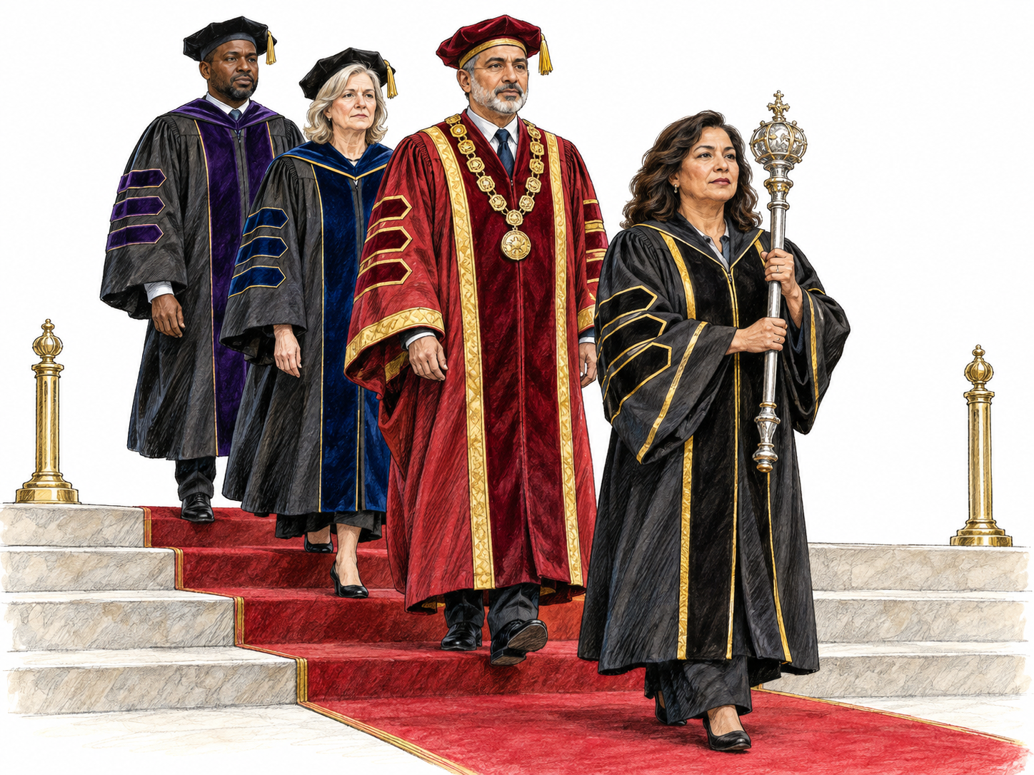 A grand academic ceremonial procession: a silver-mace bearer leads a rector in gold-trimmed robes and a ceremonial chain, followed by two formally robed faculty members down broad steps onto a crimson carpet.