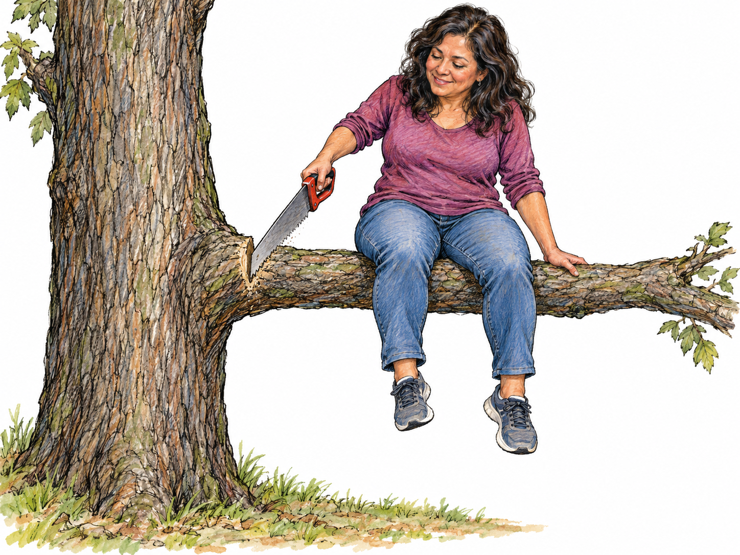 A woman foolishly saws through the very branch she is sitting on, with the cut clearly between her seat and the tree trunk.