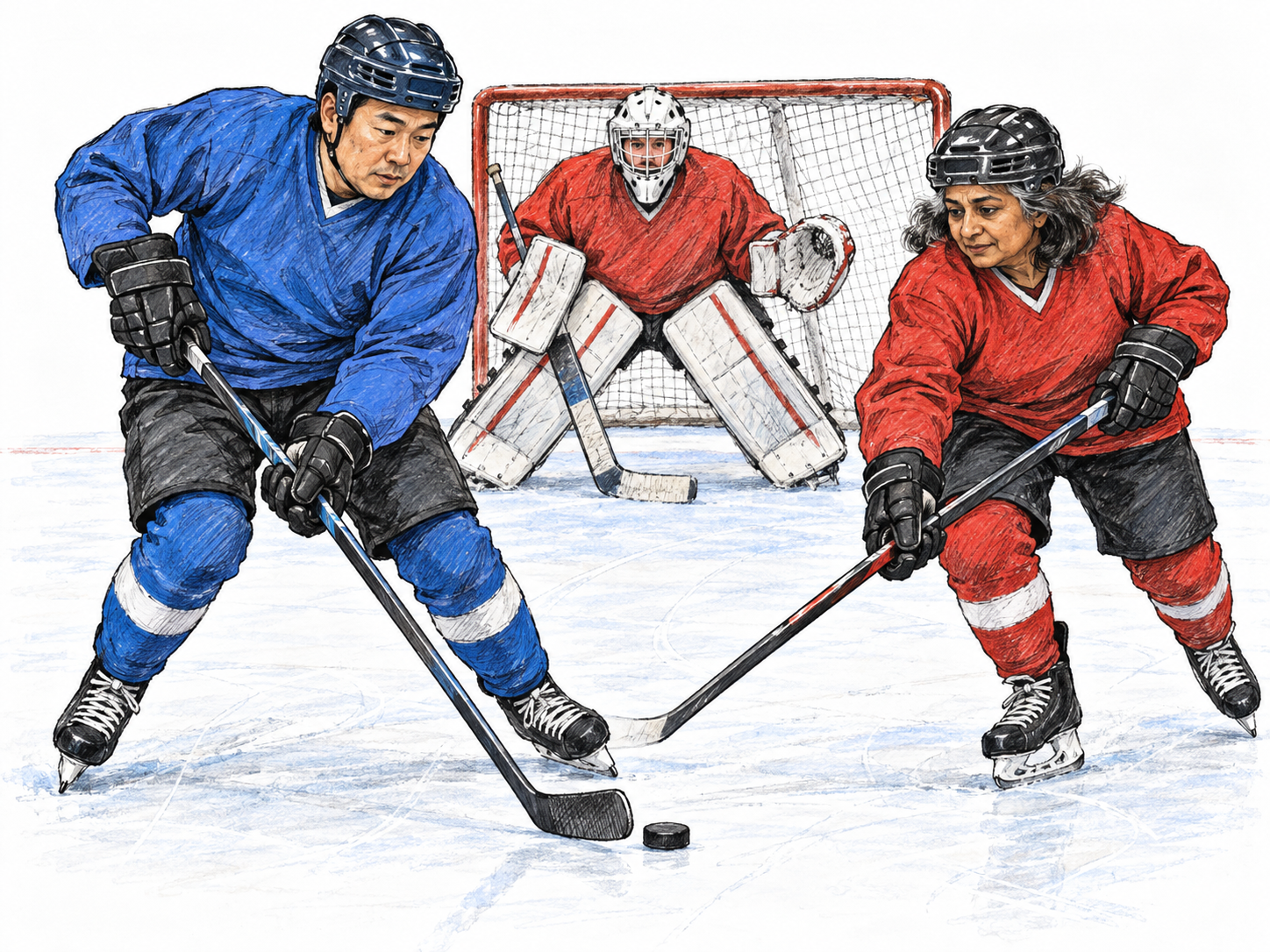 A recreational ice-hockey game: two opposing skaters contest a black puck with hockey sticks near a padded goalie defending a net.