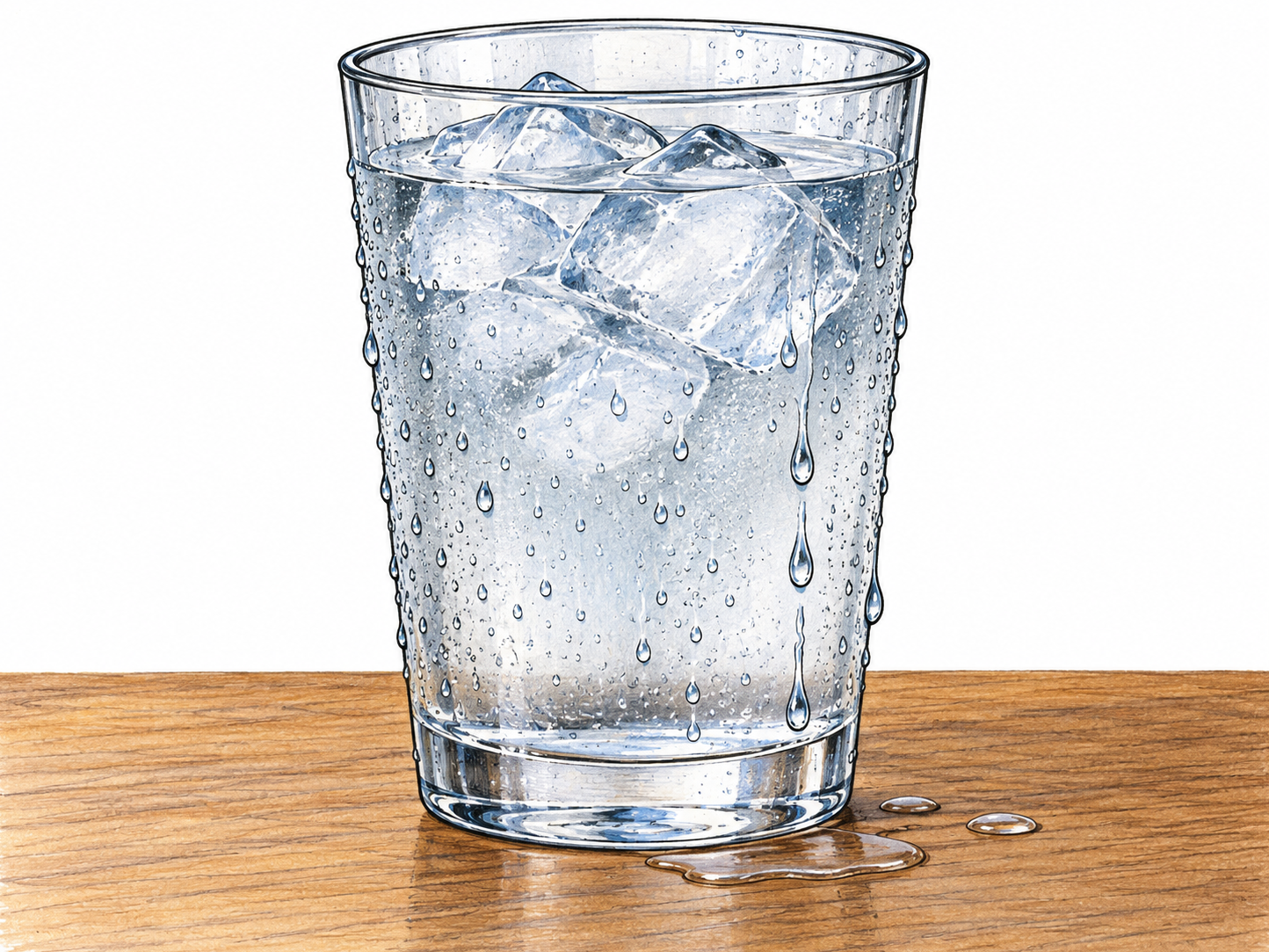 Clear droplets form on the OUTSIDE of a cold drinking glass containing ice, with a few beads running down to the table; liquid from cooling airborne vapor, no leaking glass.